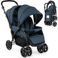 Gymax Folding Front & Back Baby Stroller With Double Seat & Footrest in Blue