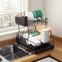Toque Expandable Dish Drainer Rack 2 Tier Cutlery Plate Holder Drip Tray in Black