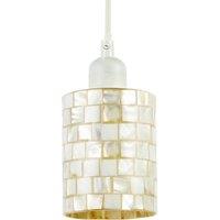 Happy Homewares Modern Cylindrical Pendant Light Shade Mother of Pearl Style Mosaic in Cream
