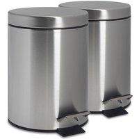 Harbour Housewares 2x Round Bathroom Pedal Bins - 3L Stainless Steel Slim Rubbish Dustbin in Metallic Silver