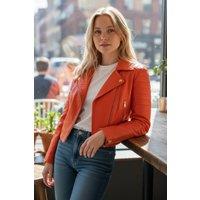 Infinity Leather Women's Cropped Brando Leather Biker Jacket-Durban in Orange | Size: 16