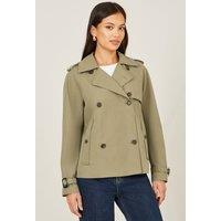 Yumi Women's Green Cropped Trench Jacket With Pockets & Check Lining | Size: 14