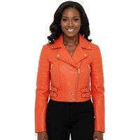 Infinity Leather Women's Cropped Brando Leather Biker Jacket-Bellville in Orange | Size: 8