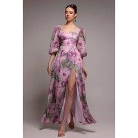 Goddiva Women's Puff Sleeve A-Line Printed Chiffon Maxi Dress With Split in Light Pink | Size: 16
