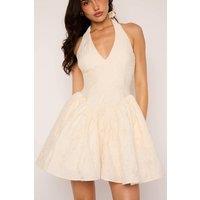 Jaded Rose Women's Laurnaby Textured Pearl Halter Mini Flounce Dress in Medium Beige | Size: 6