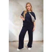 IKRUSH Women's Jennifer Contrast Stripe Top & Wide Leg Trouser Co-ord Set in Navy | Size: S/M