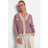 WOVCOR Women's Patterned Button Front Knitted Cardigan in Beige | Size: Medium