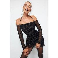 WOVCOR Women's Polka Dot Mesh Ruched Mini Evening Dress with Lining in Black | Size: 12