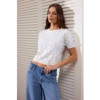 WOVCOR Women's Floral Applique Textured Short Sleeve Cropped Knit Top in Ecru | Size: Medium