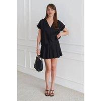 WOVCOR Women's 2-Piece Linen Blend Pleated Mini Skirt & Relaxed V Neck Blouse Set in Black | Size: 6