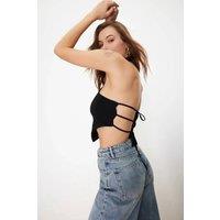 WOVCOR Women's High Neck Open Back Tie Detail Crop Top with Strappy Back Design in Black | Size: XS