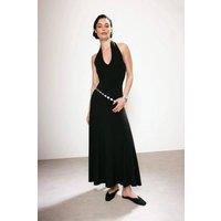 WOVCOR Women's Halterneck Maxi Dress with Open Back & Flared Hem in Black | Size: Large