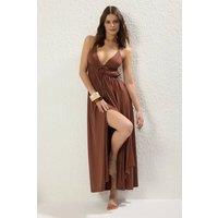 WOVCOR Women's Strappy Maxi Beach Dress with Front Tie Detail & Split in Brown | Size: 14