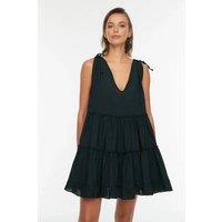 WOVCOR Women's Cotton Tiered Mini Dress with Tie Shoulder Detail in Black | Size: 10