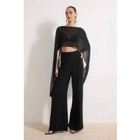WOVCOR Women's Sheer Chiffon Cape Crop Blouse with Draped Sleeve Detail in Black | Size: 8