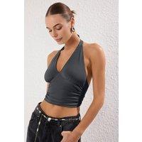 WOVCOR Women's Halter Neck Ruched Side Crop Top in Dark Grey | Size: Small