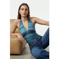 WOVCOR Women's Halter Neck Ruched Crop Top with Deep V Neck in Indigo | Size: XS