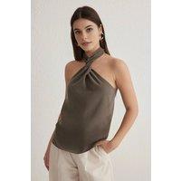 WOVCOR Women's Halter Neck Twist Detail Woven Top in Khaki | Size: 10