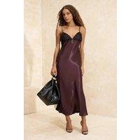 WOVCOR Women's Woven Satin Maxi Dress with Lace Details in Brown | Size: 8