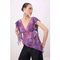 WOVCOR Women's Asymmetric Lace Trim Mesh Blouse with Flowy Fit | Size: 6