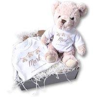 Aye Do Gifts Personalised Rainbow Bunting Baby Gift Hamper - Teddy & Baby Vest in White | Size: Newborn