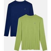 British Boxers Men's Two Pack Tarragon & Navy Bamboo Long Sleeve T-Shirts in Olive | Size: Large
