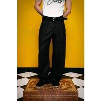 Giesto Men's Pleated Linen Straight Leg Pants in Black | Size: Medium