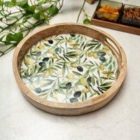Madison & Mayfair Rustic Mango Wood Round Tray with Elegant Olive Enamel Design in Brown