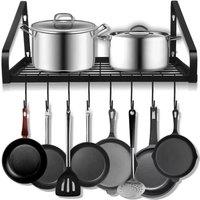 KORVIXA Black Wall Mount Pot Rack with 10 Hooks | Size: 100 cm x 15 cm