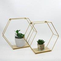 Kelvenix gold Set of 2 Metal Wired Hexagon Wall Floating Shelves | Size: 0.6m2