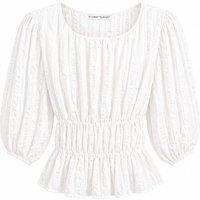 MixRay Women's Textured U Collar Three Quarter Sleeve Peplum Blouse in Ivory | Size: Small