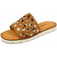 Leather Collection Women's Woven Strap Leather Slider Sandals in Tan | Size: 5