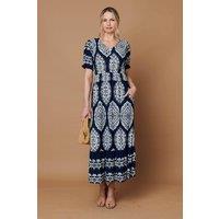 Izabel London Women's Printed Shirred Puff Sleeve Maxi Dress in Navy | Size: 16