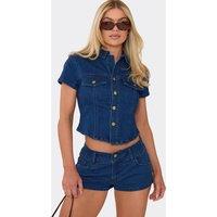 EGO Women's Fitted Short Sleeve Button Denim Top in Dark Blue | Size: 10