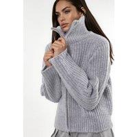 Hiccup Women's Thick Textured Turtleneck Zip-Up Cardigan in Light Grey | Size: Large