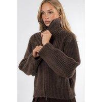 Hiccup Women's Thick Textured Turtleneck Zip-Up Cardigan in Dark Brown | Size: Small