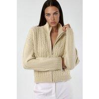 Hiccup Women's Crop Soft Touch Zip-Up Cable Knit Cardigan in Stone | Size: Large