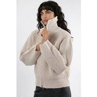 Hiccup Women's Thick Textured Turtleneck Zip-Up Cardigan in Stone | Size: Medium