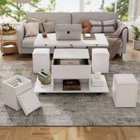 Rolipo White Lift Top Coffee Table Set with 4 Chairs & Hidden Storage | Size: 2 Pack