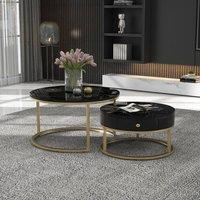 Rolipo Round Nesting Coffee Tables Set of 2 Marble Effect Gold Frame in Black | Size: 1 Pack