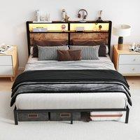 Rolipo 150x200cm King Metal Bed Frame With LED Lights & Storage Headboard in Black | Size: Double