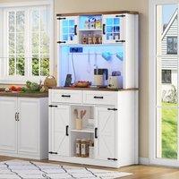 Rolipo Tall White Kitchen Pantry Coffee Bar Cabinet with LED & Outlets