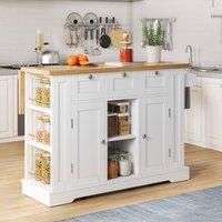 Rolipo 132cm Farmhouse Rolling Kitchen Island with Drop Leaf & Power Socket in White
