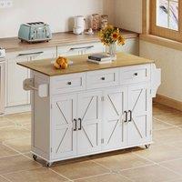Rolipo 140cm White Drop Leaf Farmhouse Rolling Kitchen Island