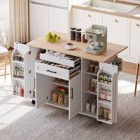 Rolipo Drop Leaf Kitchen Island on Wheels with Storage Cabinets in White