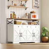 Rolipo Farmhouse Sideboard 140cm Coffee Bar Cabinet with Storage Drawers in White
