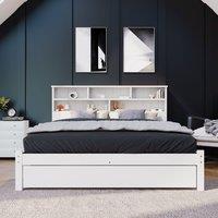 Rolipo White Wooden 4ft6 Double Storage Bed with Shelves & Drawer