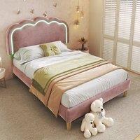 Rolipo 3ft Pink Velvet Single Bed Frame with Adjustable LED Headboard