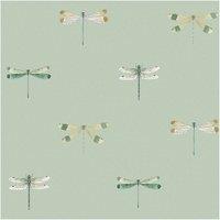 Sophie Allport Watercolour Dragonfly Pale Sprig Wallpaper in Green | Size: 10000mm x 520mm