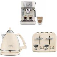 DELONGHI Argento 1.7L Kettle, 4 Slice Toaster & Stilosa Coffee Machine Beige